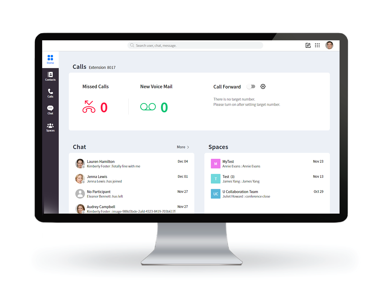 Interface de l'application iPECS ONE : appels, chat et espaces d'équipe